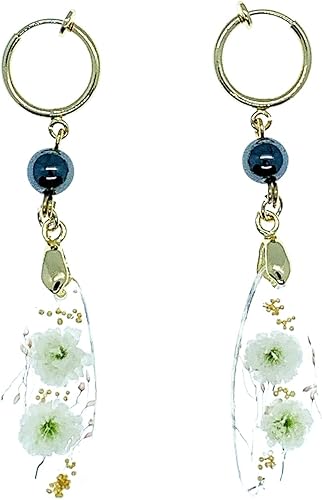 Amazon 幸福 花言葉を持つかすみ草 負けない心身を ヘマタイトのフープ イヤリング ボタニカルアクセサリー 花 ハンドメイド 天然石イヤリング ドライフラワー ネックレス 通販