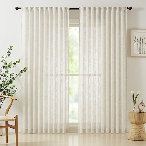 Linen Semi Sheer Curtains for Living Room 90inch Natural Farmhouse Curtain Panels for Bedroom Office Rustic Privacy Curtain Drapes for Kitchen Dining Room Pencil Pleat Beige 54"w 2 Panels
