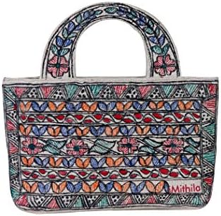 iMithila Madhubani Handpainted Jute Cotton Hand Bag for Women and Girls (Multicolour)