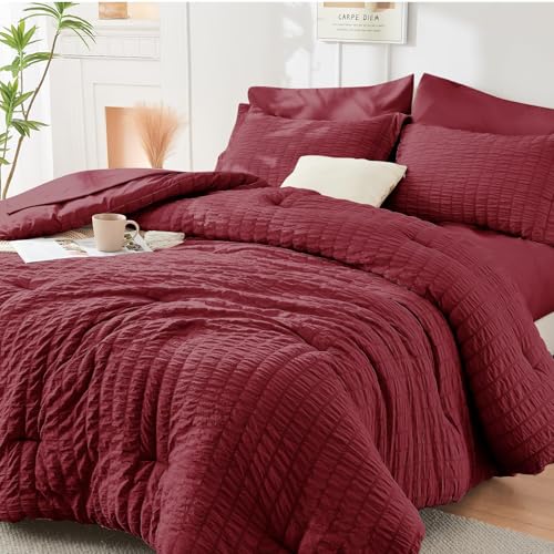 HYMOKEGE Burgundy Queen Comforter Set Seersucker