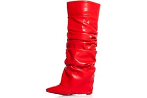 Yishaweiqi Slouched Ruched Fold Over Boots for Women Covered Wedge Heel Patent Leather Knee High Boots Wide Calf Pointed Toe Casual Boots