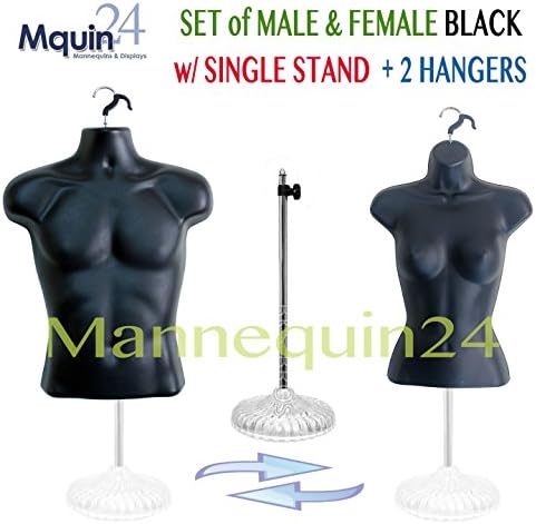 Black Mannequin Torsos- Set of Male + Female (Waist Long) + 2 Hangers + 1 Plastic Base