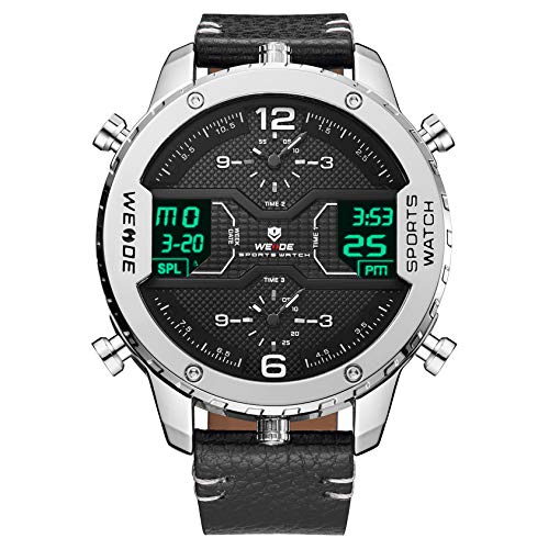 WEIDE Men's Multiple Time Zones Silver Case LCD Digital Display Calendar Quartz Black Genuine Leather Band Wristwatch