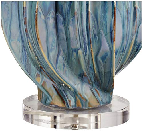 Teresa Modern Table Lamp Ceramic Hand Painted Teal Drip Beige Fabric Drum Shade for Living Room Family Bedroom Office…