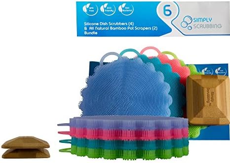 Simply Scrubbing - (4) Multipurpose Antibacterial, Antimicrobial Silicone Dish Sponge Scrubbers For Dishwashing and (2) Bamboo Pot and Pan Scraper Set
