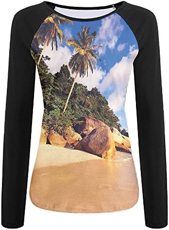 Weiding Tropical Beach Serenity in Nature Exotic Fruit Coconut Rock Seascape Print Women's Stretchy Long Sleeve Raglan Tshirt M