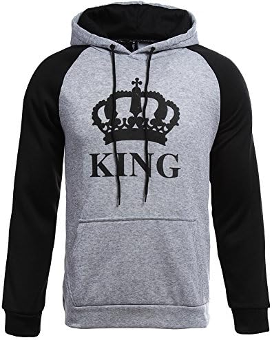 Fenghuo Men's Raglan King Printed Hoodie Sweatshirt Grey M