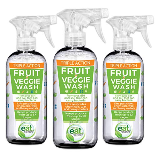 Eat Cleaner Fruit and Vegetable Wash Removes Harmful Residue Water Can't, Patented Veggie Wash Spray Extends Produce Life Up to 5X, Prevents Browning, Eliminates Waste, Vegan, Non GMO, 3-pack (12 oz)