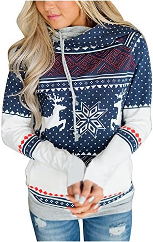 Women Autumn Winter Diagonal Zipper Christmas Reindeer Snowflake Print Tops Long Sleeve Hooded Sweatshirt Pullover Blouse Hoody