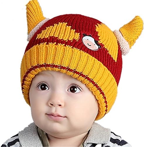 MONICAR Unisex Baby Knitted Winter Warm Lovely Cow Design Crochet Beanie Hat (Red)