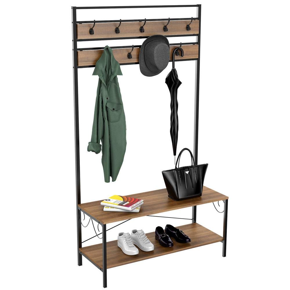 Yaheetech Industrial Hall Tree with Storage Bench Entryway Bench with Coat Rack/Hooks/Hanger Stand Sturdy Bench Coat Tree Shoes Shelving Wood and ...