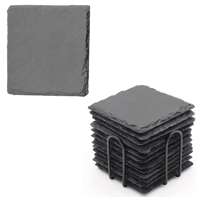 Soulnioi Coasters Set,Coasters for Drinks,12 Pieces Stone Coasters,Coasters with Holder.Black Slate Coasters Waterproof,Non-Slip Cup Pad Mat Coasters For Bar,Cafe,Kitchen,Home Decor Square Coster