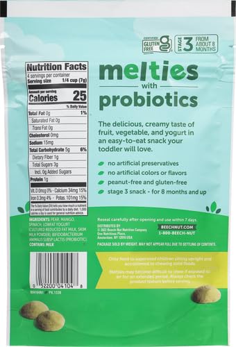 BEECH-NUT PROBIOTIC MELTIES PEAR MANGO SPINACH YOGURT MELTS BABY & TODDLER SNACK, 1OZ BAG