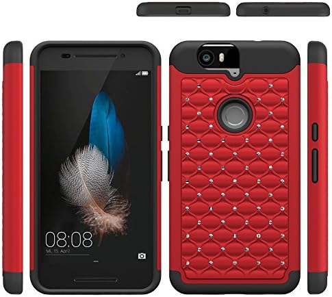 Nexus 6P Case - Shock Absorption Osurce Hybrid Studded Diamond Bling Case Cover For Huawei Nexus 6P - Protective Rubberized Bumper Edges Case with Extra Protection for Nexus 6P (Black + Red)