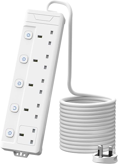 Mscien 5M 5 Gang Extension Lead with Individual Switches Wall Mount White Power