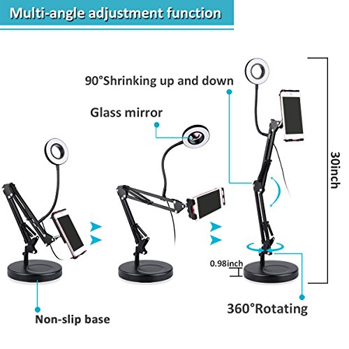B-Land Cell Phone Holder with Selfie Ring Light for Live Stream, LED Camera LED Light with Mirror Flexible iPad Stand Holder Mobile Phone Stand for iPhone, Andriod Phone & Tablets - Thumbnail 4