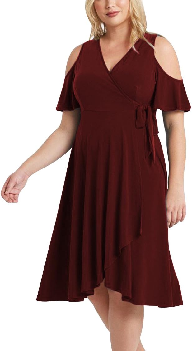 LOV ANNY Women's V Neck Side Tie Cold Shoulder Short Sleeve Plus Size Wrap Dress