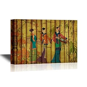Chinese Culture Canvas Wall Art - Ancient Chinese Woman on Bamboo Style Background - Gallery Wrap Modern Home Art | Ready to Hang - 12x18 inches