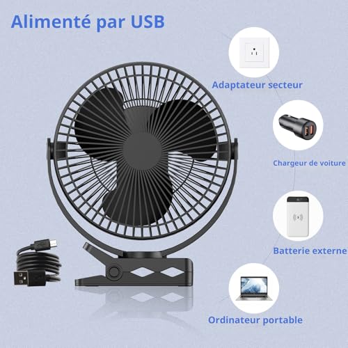 ATEngeus 8 Inch Mini USB Clamp Fan with 10000mAh Battery, Portable Small Desk Fan, 4 Speed, Dual 360 Rotation, with USB Cable, Suitable for Family, Office