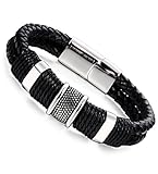 Besteel Punk Rock Charms Braided Leather Bracelet for Men Stainless Steel Clasp Wrist Bracelet 7.5-9.1 inches