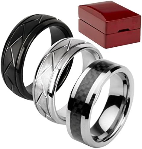 Velette Mens Tungsten Ring 3 Pack - 3 Versatile Men's Rings in a Beautiful Wooden Gift Box