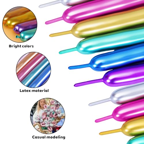WENAUANG 100 Pieces Long Metallic Balloons, Balloon, Balloon Shapes with Balloon Pump, Magic Latex Balloons for Animals, Parties, Birthdays, Decoration and DIY Crafts
