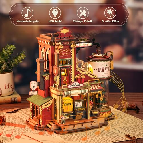 ROBOTIME 3D Holzpuzzle Geschenkfabrik Bausatz – Mechanisches Modell mit Musik & LED Licht, Retro Vintage Bastelset für Erwachsene & Jugendliche, EAB01