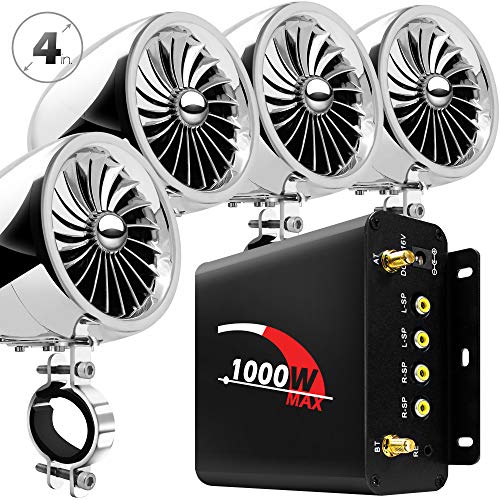 GoldenHawk 1000W 4 Channel Amplifier 4" Full Range Waterproof Bluetooth Wireless Motorcycle Stereo Speakers Audio Amp System w/AUX, USB, SD, FM Radio for Harley Touring Cruiser Can-Am ATV (CHR-1000W)
