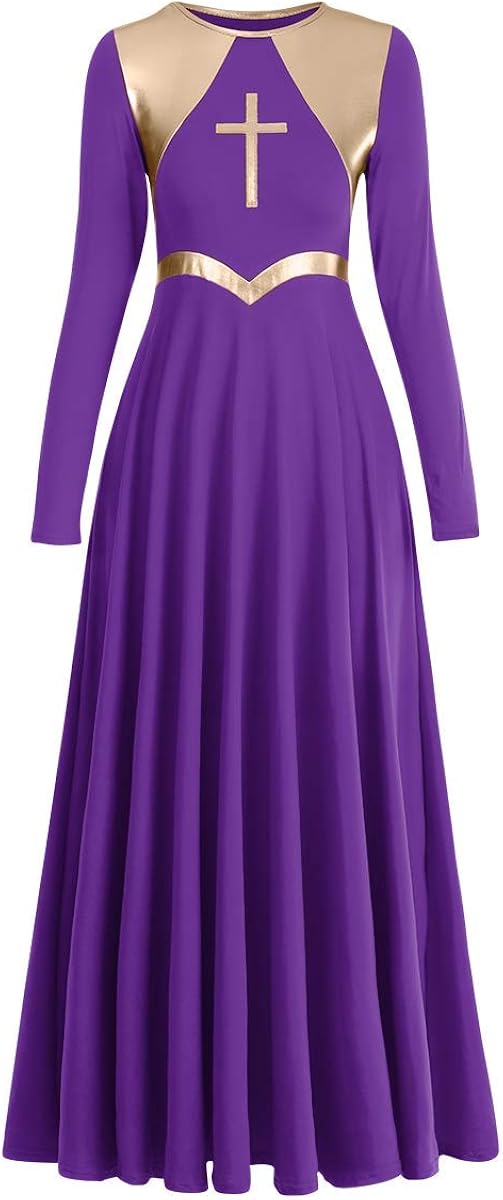 Women Metallic Cross Liturgical Praise Dance Dress Lyrical Dancewear Color Block Full Length Robe Worship Costume: Clothing