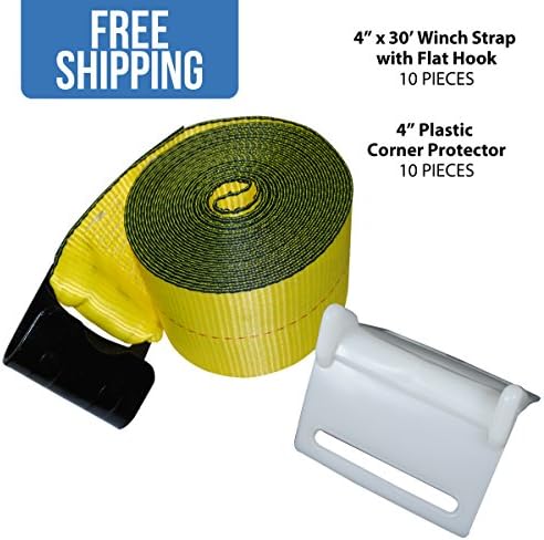 4โ x 30โ Winch Strap w/Flat Hook โ 10 Pack & 10 White Corner Protectors โ Shippers Supplies