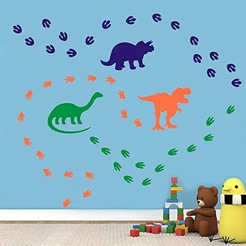 Dinosaur Wall Decal Colorful Dinosaurs Footprints Stickers Vinyl Wall Art For Boys Girls Kids Bedroom Nursery Decor Orange Blue Yellow Green 74 Pcs Amazon Co Uk Diy Tools