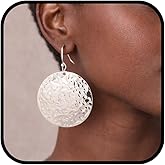 Vintage Hammered Round Disc Earrings for Women, Silver Plated Statement Dangle Lightweight Boho Drop for Daily Holiday Wear Jewelry Gifts