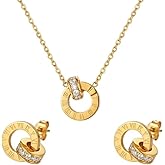 Gold Tone Jewelry Set with Roman Numeral, Dainty Design 18 Inch Chain Necklace and Earrings with Crystals - 18K Stainless Steel Gold-Plated Chain Trendy Gifts for Women (Earrings & Necklace Set)