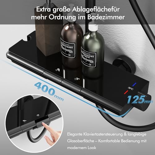 HOMELODY Shower System with Thermostat and Glass Shelf Black - 30 x 20 cm Large Shower Head Rain Shower and 3 Jet Types Hand Shower, 2 Piano Knobs Shower Fitting Complete Set Shower Set with Rain Shower