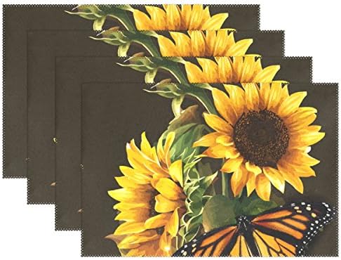 ALIREA Sunflower and Butterfly Photo Print Placemats, Heat-Resistant Placemats Stain Resistant Anti-Skid Washable Polyester Table Mats Non Slip Washable Placemats, 12"x18", Set of 6