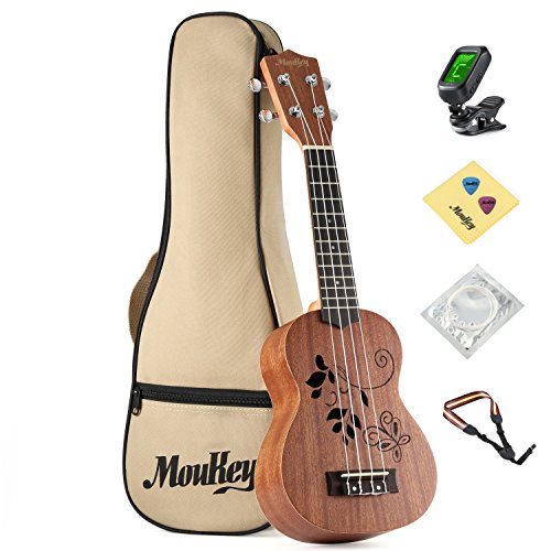 Moukey 21" Soprano Ukulele Starter Pack for Beginner, 21H Flower Laser Etching