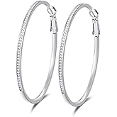 Large 925 Sterling Silver Hoop Earrings Big Cubic Zirconia CZ Hoops Earrings 50mm for Women