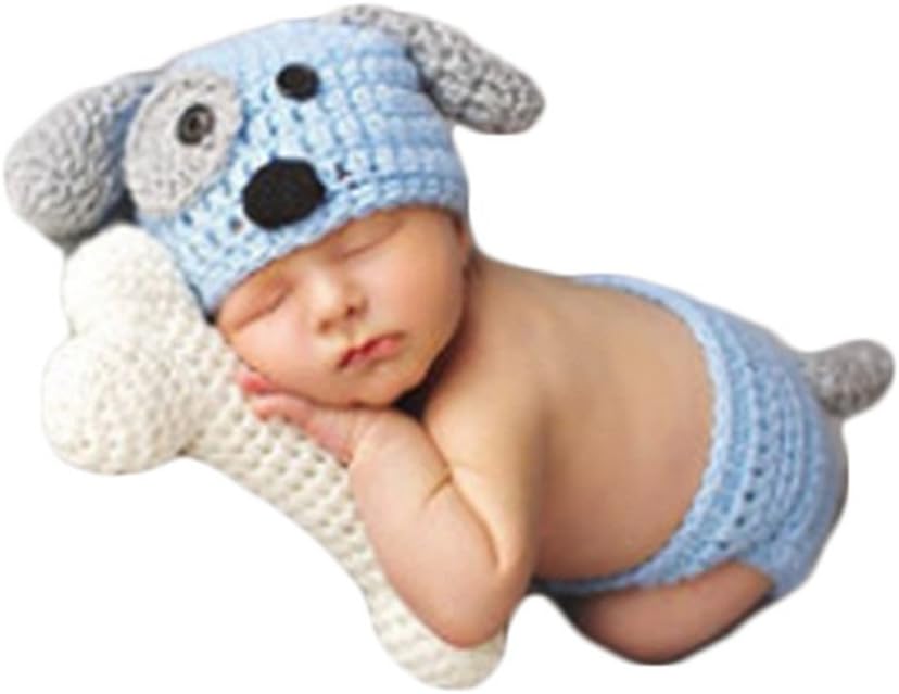 Auberllus Baby Newborn Photo Props Boy Girl Photo Shoot Outfits Crochet Knit Animal Puppy Hat Pants Photography Props Costume