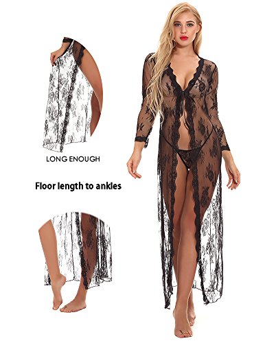 cunlin Women Sexy See Through Lace Gown Kimono Cover Up Sleepwear Set Plus Size Dress Maternity Pregnant Robe Black S