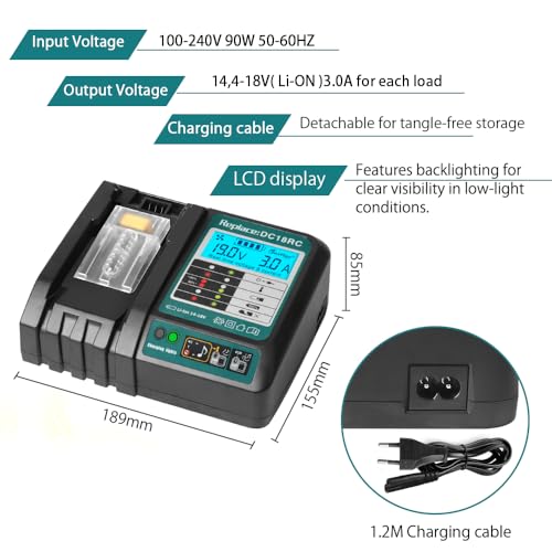 Powarobor DC18RC 18V Fast Charger Compatible with Makita 14.4V-18V Replacement Battery with LCD Display BL1830B BL1850B BL1860B
