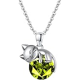 LONAGO Cat Necklace with Birthstone 925 Sterling Silver Cat Pendant Necklace Gift for Women