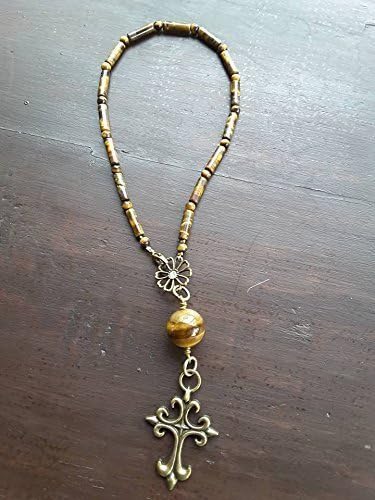 "EASY'' 2 IN 1 ROSARY AND ACCESSORY FOR BAG. TIGER-EYE AND GOTHIC STYLE CROSS PENDANT