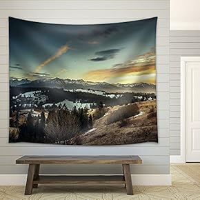 Mountainous Area with Snow at Sunset Time - Fabric Wall Tapestry Home Decor - 51x60 inches