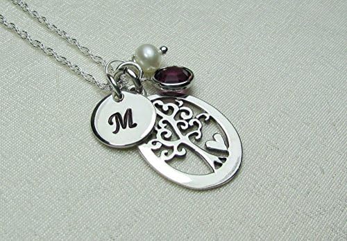 Mothers Birthstone Necklace Sterling Silver Family Tree Personalized Jewelry for Women with Custom Initial Charm