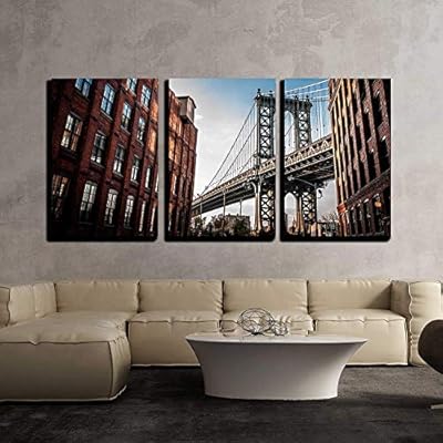 3 Piece Canvas Wall Art - Manhattan Bridge Seen from a Narrow Alley Enclosed by Two Brick Buildings - Modern Home Art Stretched and Framed Ready to Hang - 24