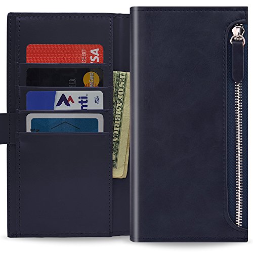 Qoosan LG V20 Zipper Wallet Case, Leather Flip Cover with Card Holder, Dark Navy