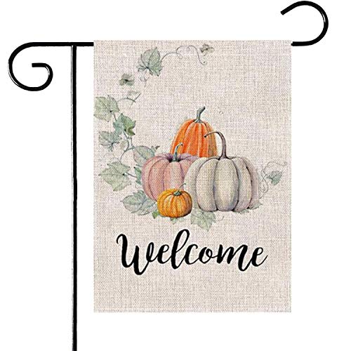 PINCHUANG Fall Welcome Pumpkin Garden Flag - Double Sided Decorative Autumn Thanksgiving Farmhouse Harvest Garden Flag Yard Burlap Banner for Indoor & Outdoor Decoration(Not Include a Flag Pole)