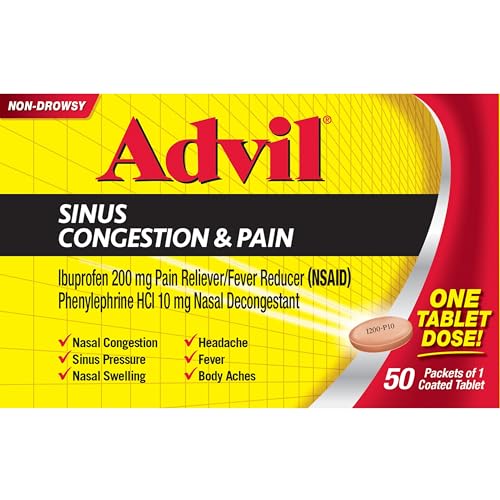 ADVIL SINUS CONGESTION AND PAIN, SINUS RELIEF MEDICINE, PAIN RELIEVER AND FEVER REDUCER WITH IBUPROFEN AND PHENYLEPHRINE HCL – 50 COATED TABLETS