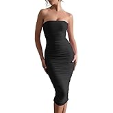 LCNBA Women's Sexy Strapless Tube Mesh Ruched Bodycon Split Midi Party Club Dress