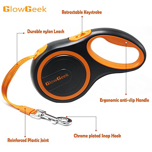 GlowGeek Retractable Dog Leash, 16 ft Dog Walking Leash for Medium Large Dogs up to 110lbs, Tangle Free, One Button Break & Lock , Lifetime Replacement Guarantee. Retracts 0-16ft - Orange